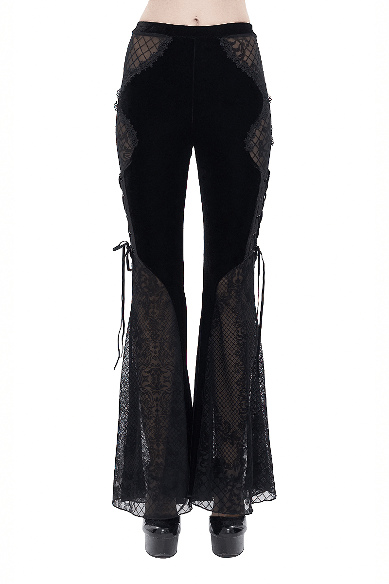 Gothic Velvet Lace Ttansparent Flared Trousers / Sexy Lace Applique Pants With Lace up on Sides - HARD'N'HEAVY