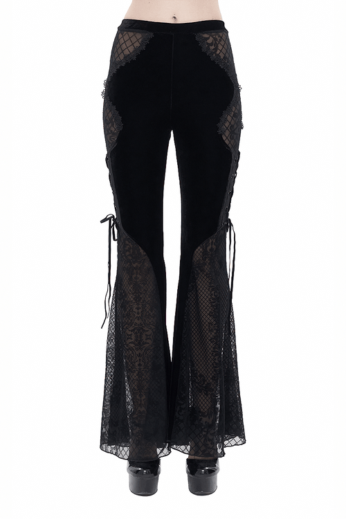 Gothic-Hose aus Samt und transparenter ausgestellter Spitze / Sexy Hose mit Spitzenapplikation und Schnürung an den Seiten