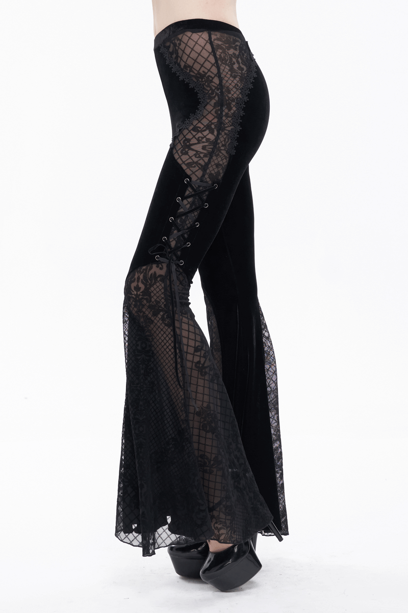 Gothic velvet lace flared trousers with lace-up sides, elegant black pants for a chic gothic look.