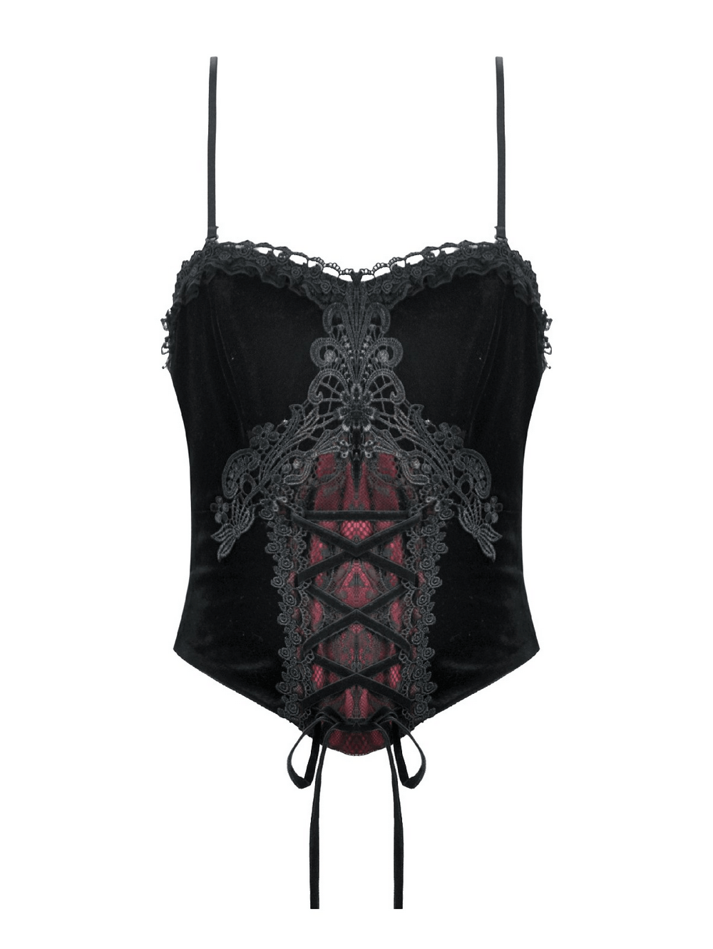 Gothic Velvet Lace-Up Corset Top with Sheer Detailing featuring intricate lace and sheer panels.