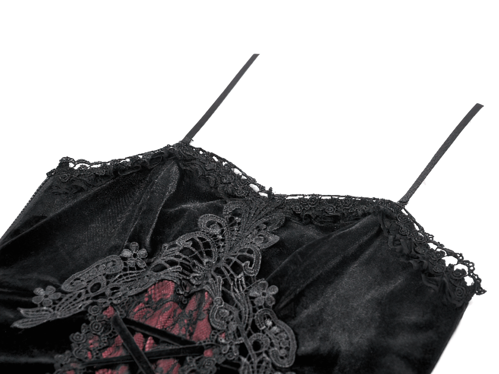 Gothic Velvet Lace-Up Corset Top with Sheer Detailing featuring elegant lace and satin textures.