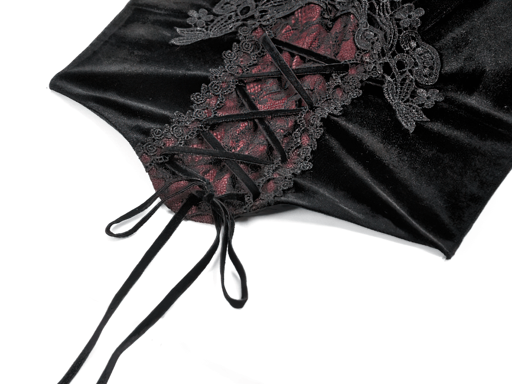 Gothic Velvet Lace-Up Corset Top with Sheer Detailing featuring intricate lace-up design and sheer panels.