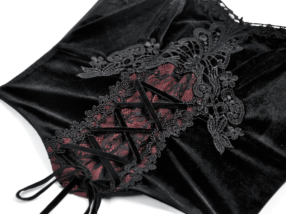 Gothic Velvet Lace-Up Corset Top with Sheer Detailing featuring elegant lace and bold corset design.