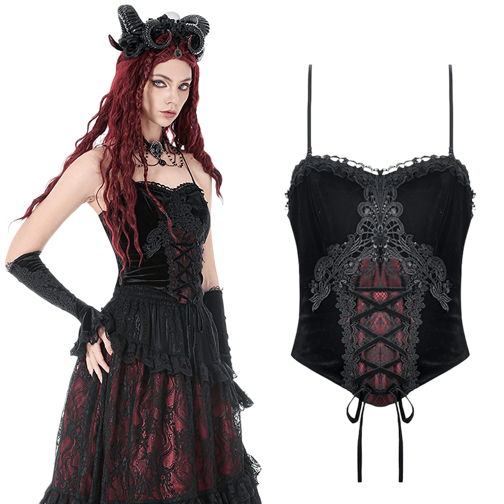 Gothic Velvet Lace-Up Corset Top with Sheer Detailing model showcasing bold lace-up design and elegant sheer panels.