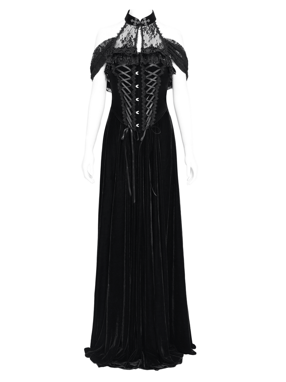 Gothic black velvet lace-up maxi dress with off-shoulder lace accents and corset design for elegant occasions.