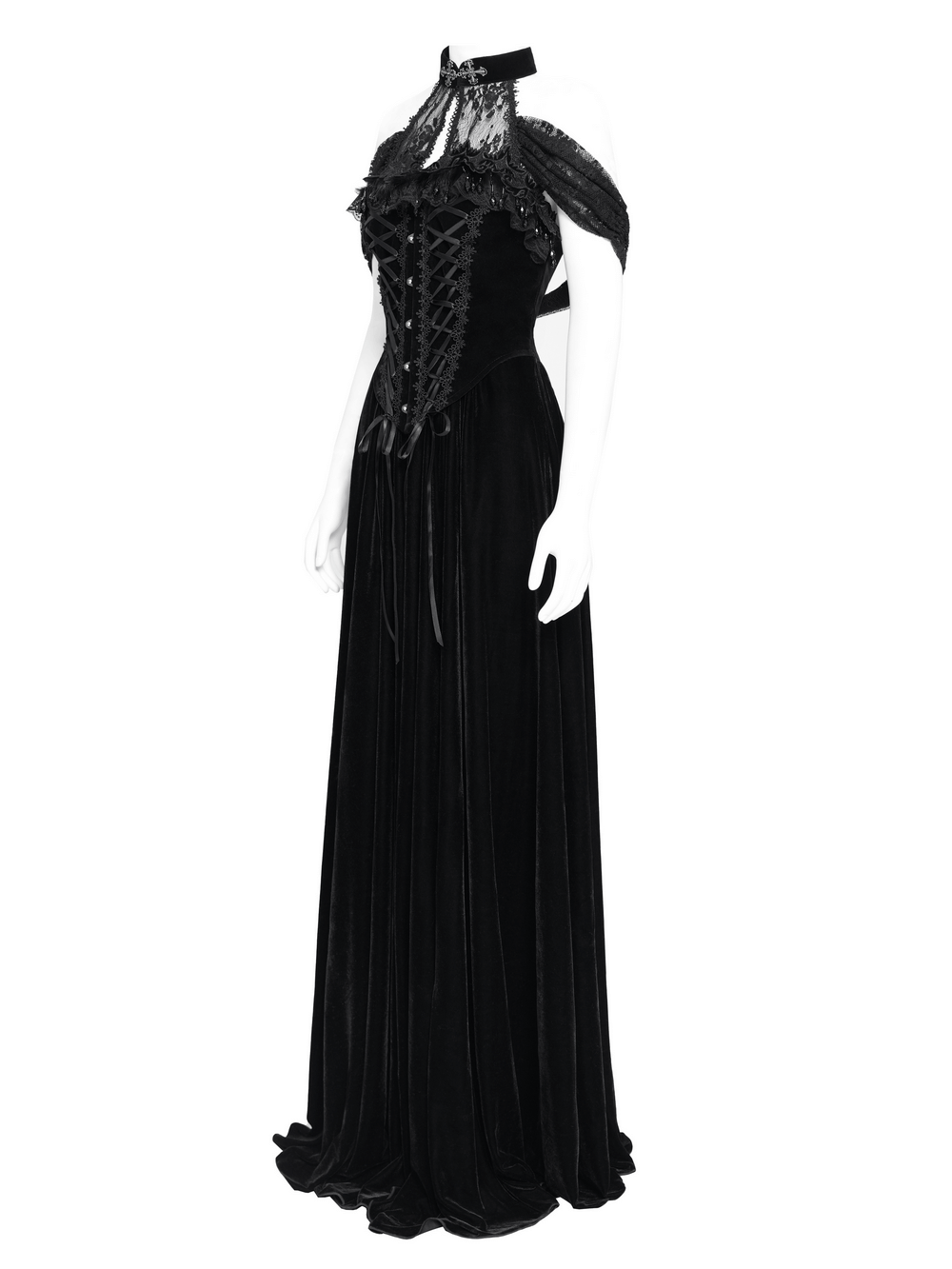 Gothic velvet lace-up maxi dress with off-shoulder lace accents in elegant black.