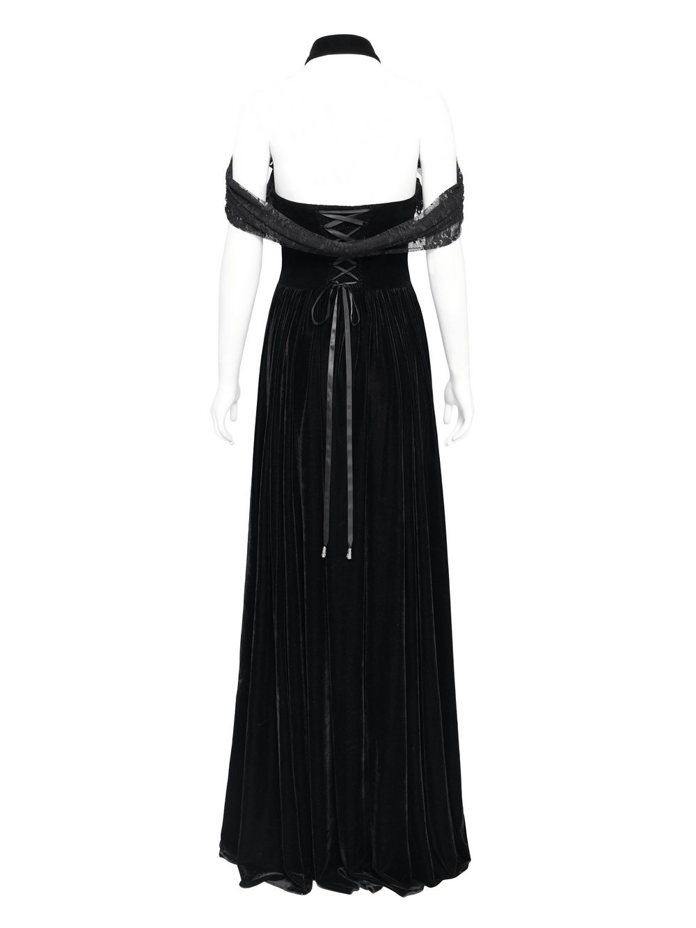 Back view of gothic black velvet lace-up maxi dress with off-shoulder design and elegant flowing skirt.