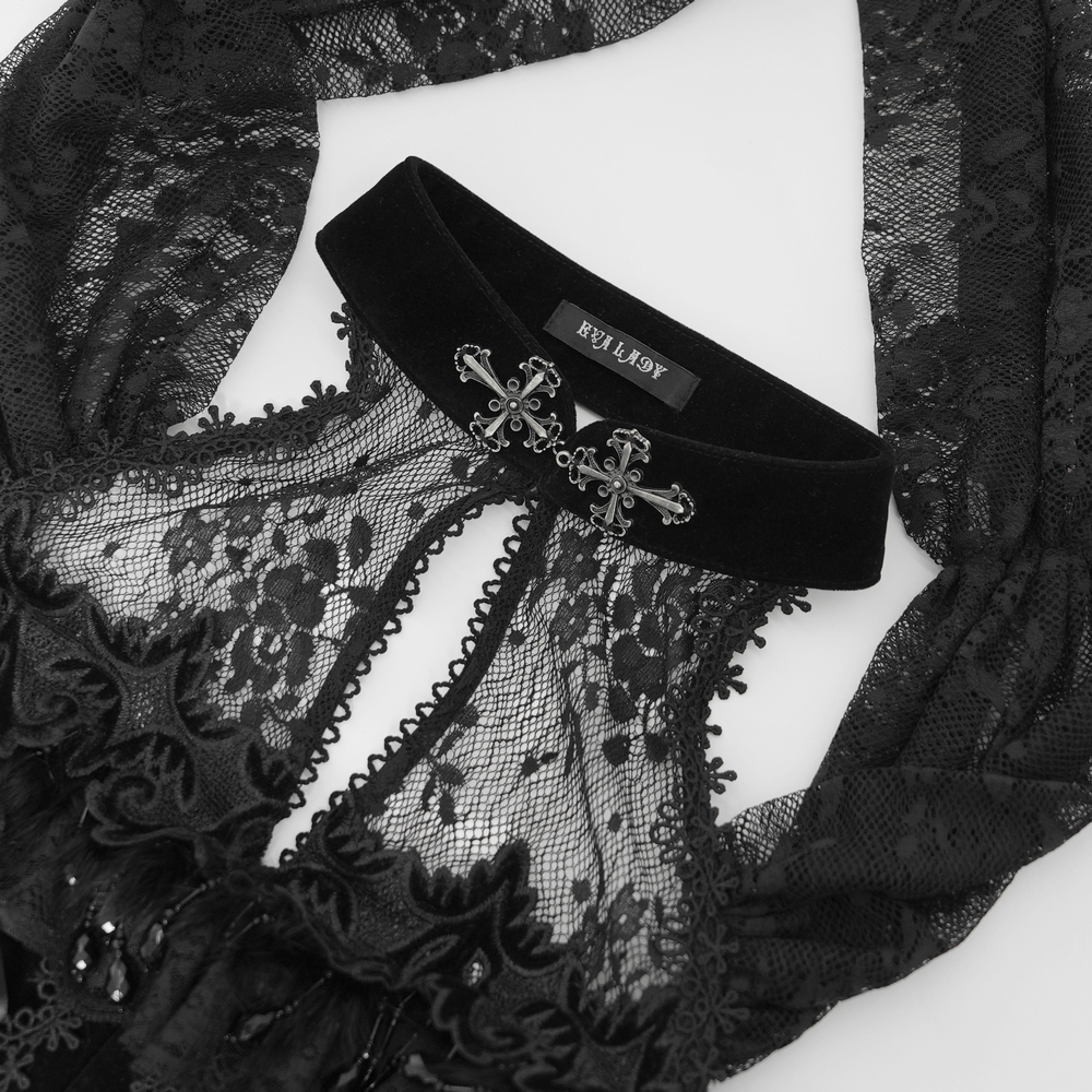 Elegant black lace corset with velvet collar and intricate detailing, perfect for gothic style outfits.