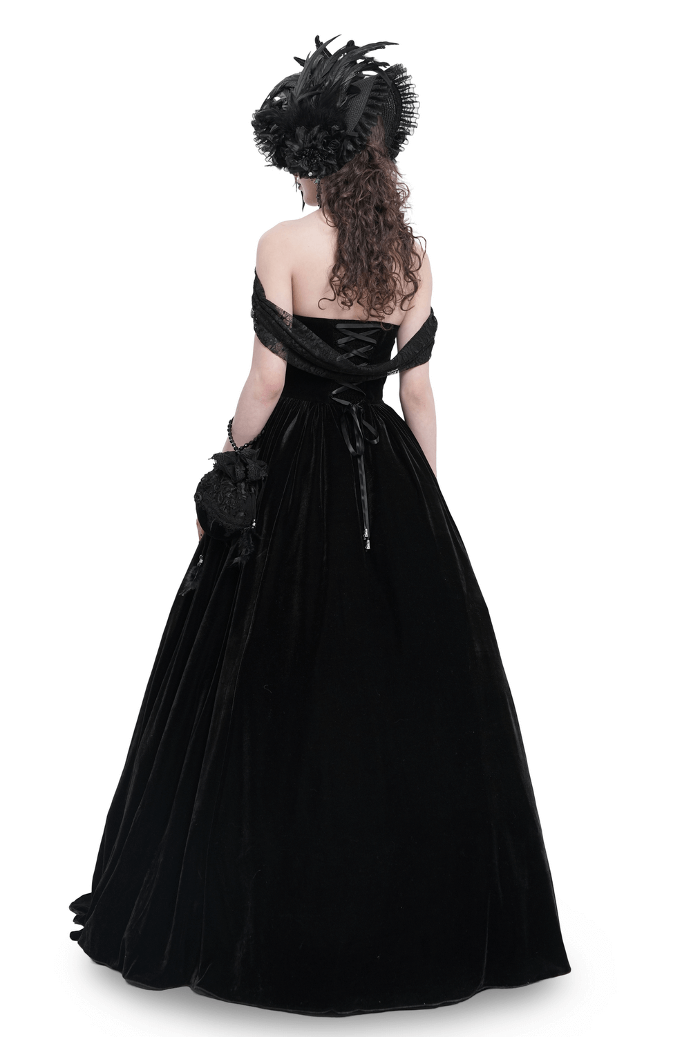 Elegant black velvet maxi dress with off-shoulder design and lace detailing, perfect for gothic events.