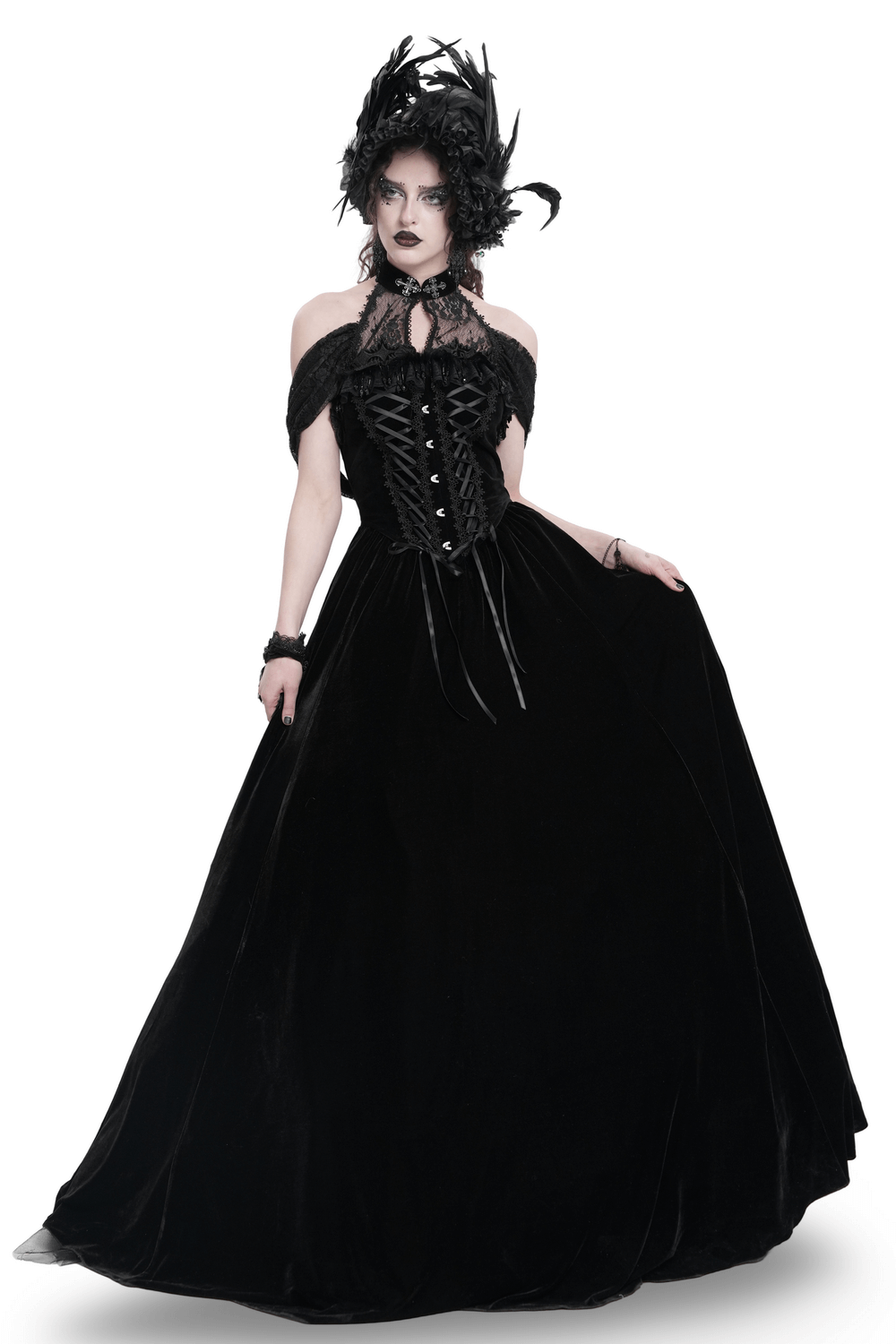 Elegant black velvet lace-up maxi dress with off-shoulder design, perfect for gothic events and formal occasions.