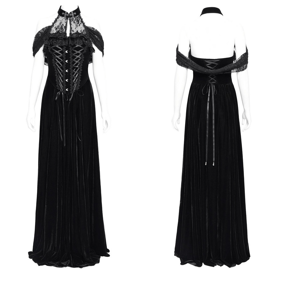 Gothic velvet lace-up maxi dress with off-shoulder design and lace accents, perfect for formal events.