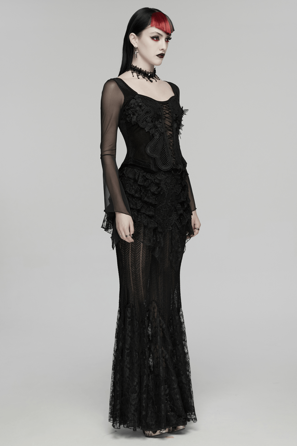Alt Tag: Gothic Velvet Lace-Up Mesh Embroidery Top For Women in black sheer mesh lace gothic outfit, model wearing long embroidered lace dress