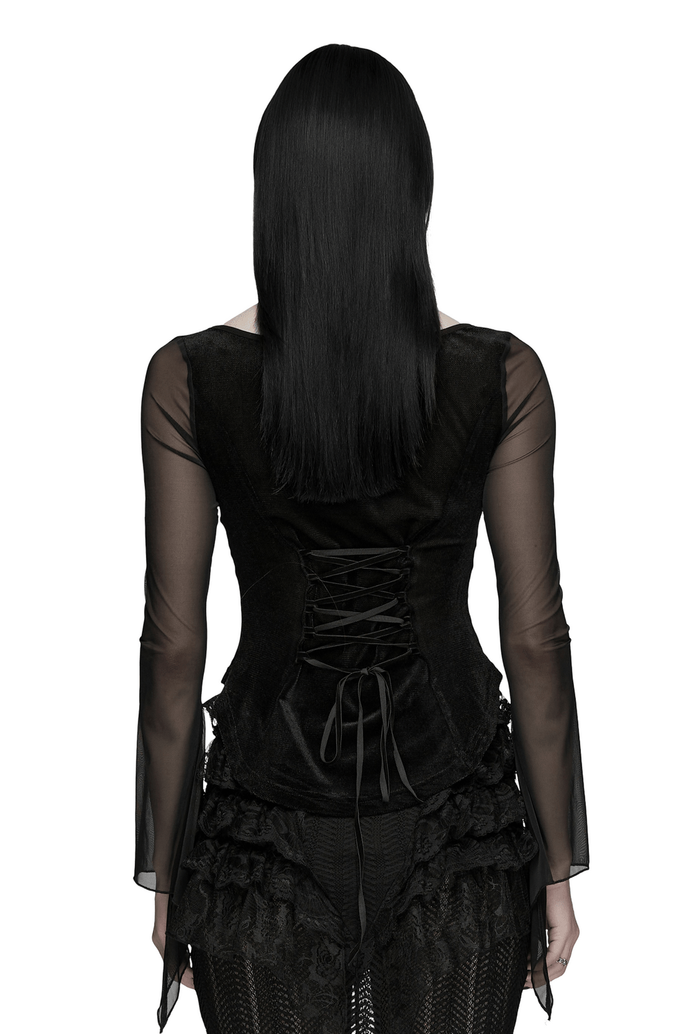 Alt Tag: Gothic Velvet Lace-Up Mesh Embroidery Top For Women back view, black sheer mesh sleeves and lace-up corset detail