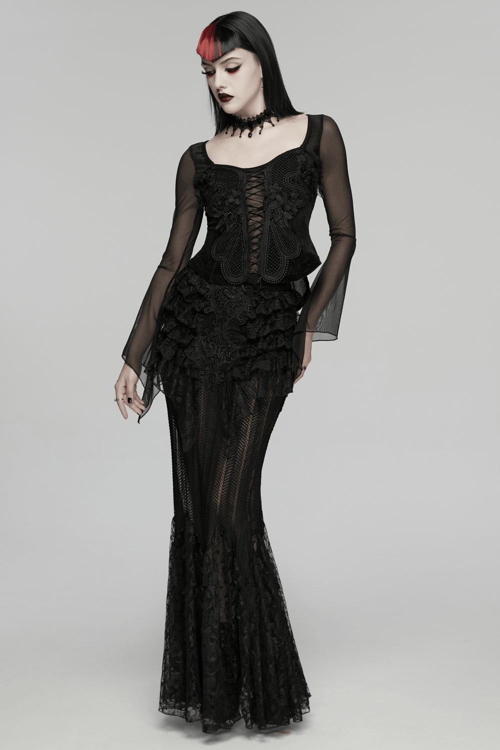 Alt Tag: Gothic Velvet Lace-Up Mesh Embroidery Top For Women black sheer lace-up mesh embroidered gothic outfit