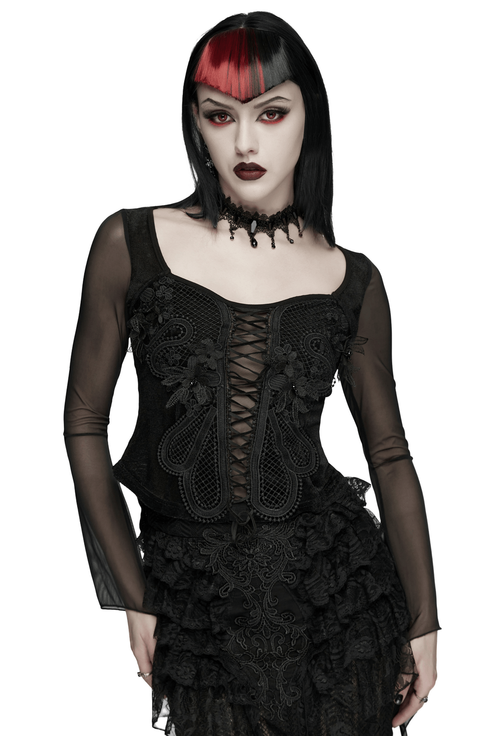 Alt Tag: Gothic Velvet Lace-Up Mesh Embroidery Top For Women with sheer mesh sleeves, lace-up front, and embroidered gothic detail