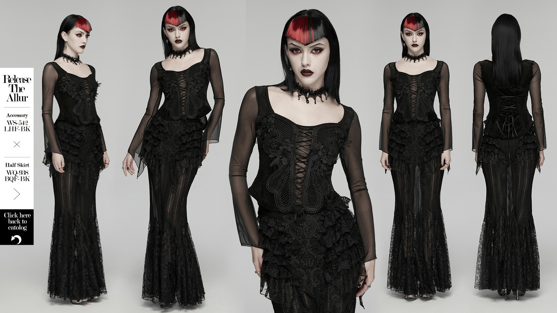 Alt Tag: Gothic Velvet Lace-Up Mesh Embroidery Top For Women in black lace gothic outfit with corset lace-up front, sheer sleeves, and mesh embroidery