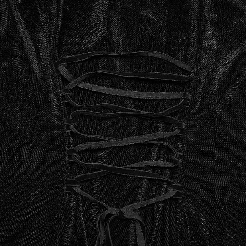 Alt Tag: Gothic Velvet Lace-Up Mesh Embroidery Top For Women close-up of black velvet lace-up corset detail