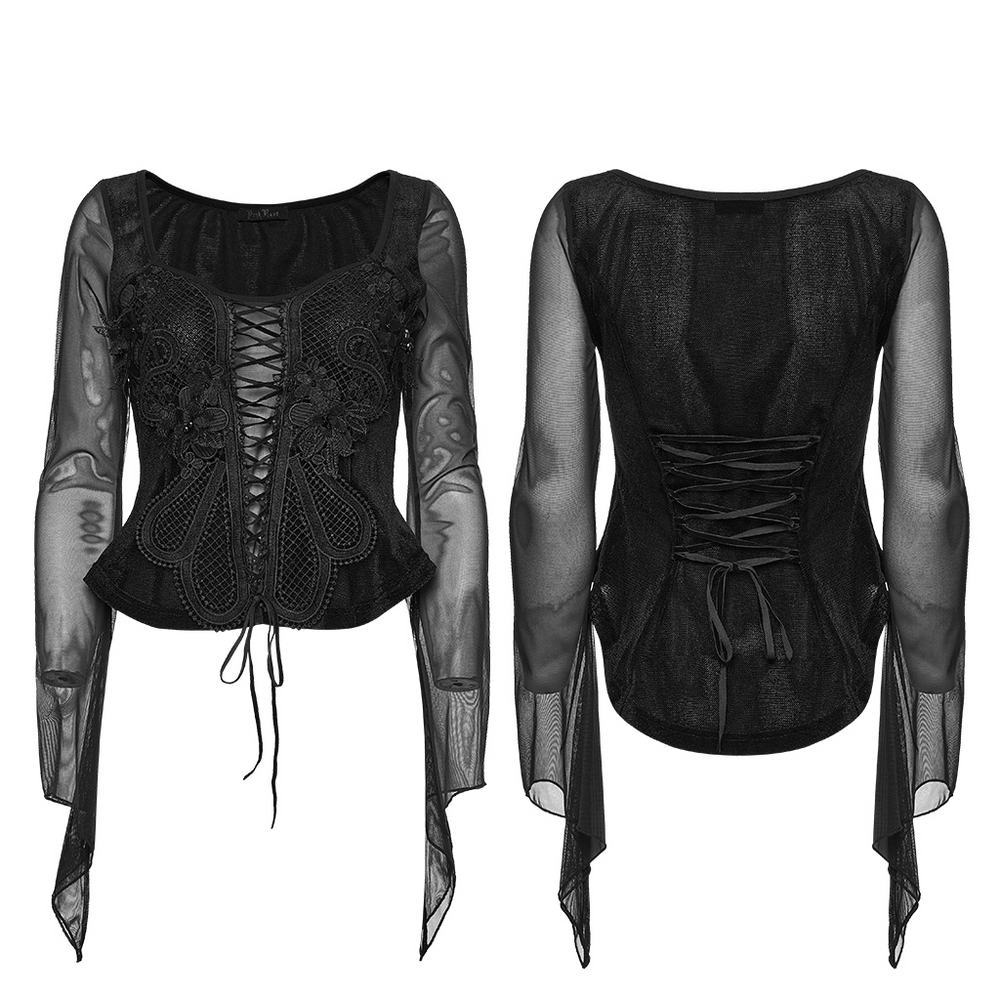 Alt Tag: Gothic Velvet Lace-Up Mesh Embroidery Top For Women, black sheer long-sleeve corset lace-up front and back view