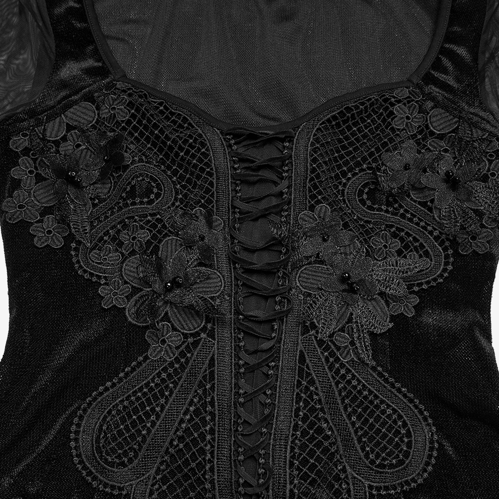 Alt Tag: Gothic Velvet Lace-Up Mesh Embroidery Top For Women black velvet corset-style top with lace-up front and floral mesh embroidery