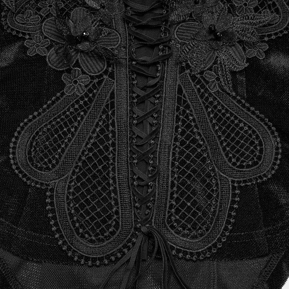 Alt Tag: Gothic Velvet Lace-Up Mesh Embroidery Top For Women close-up of black velvet corset lace-up front with floral mesh embroidery