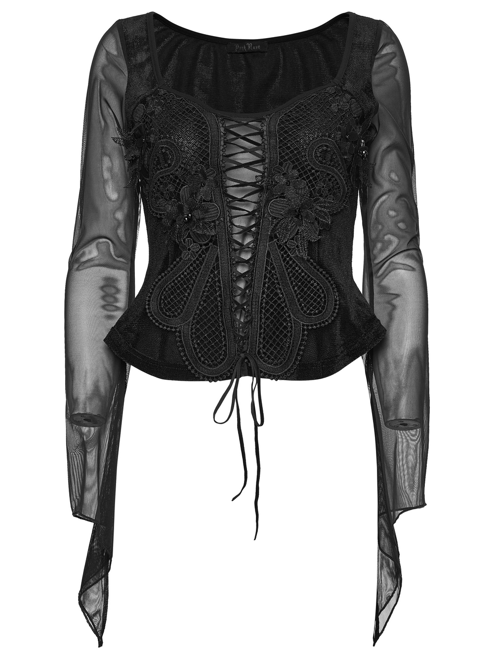 Alt Tag: Gothic Velvet Lace-Up Mesh Embroidery Top For Women black corset-style top with sheer mesh sleeves and floral embroidery