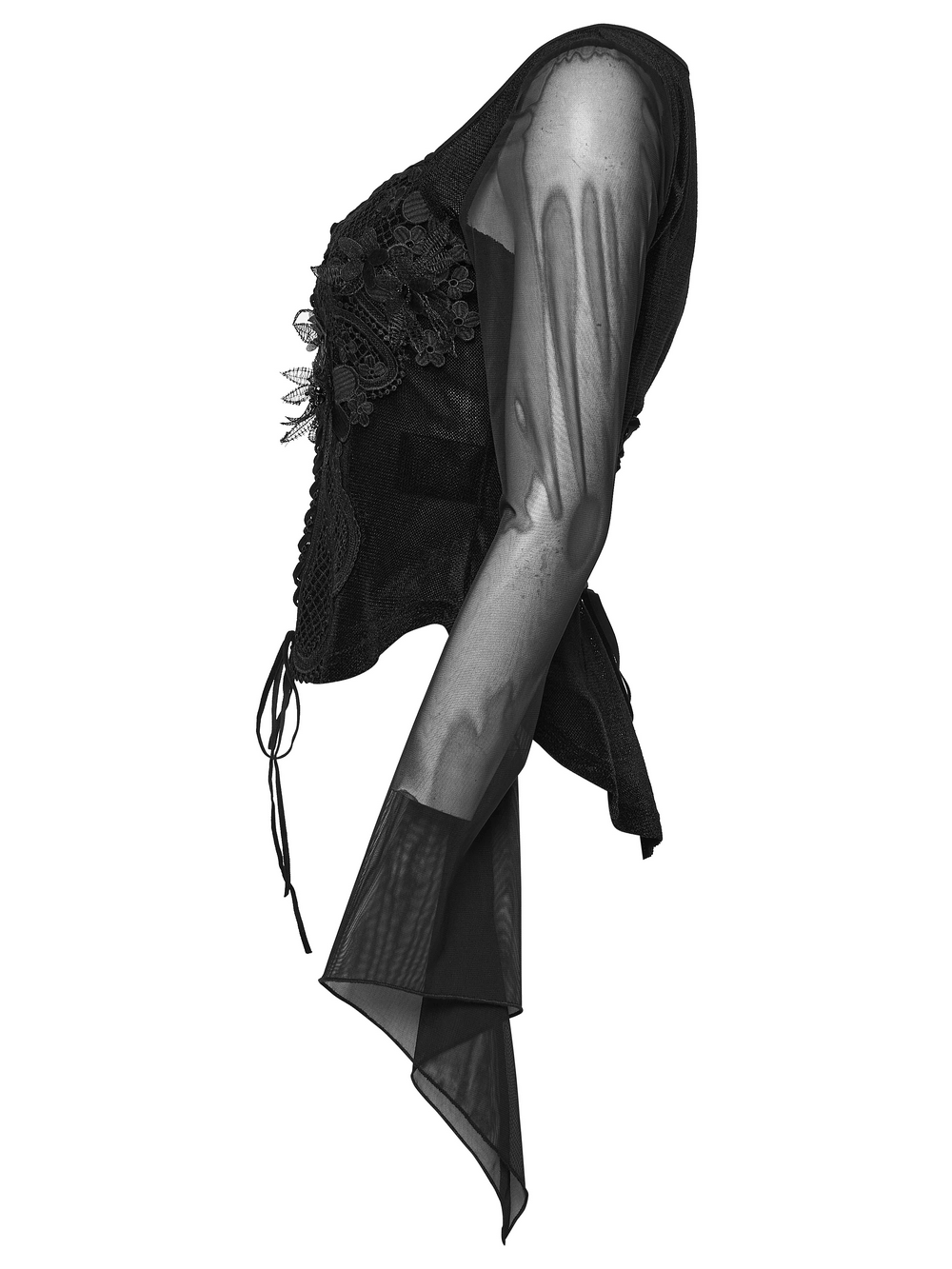 Alt Tag: Gothic Velvet Lace-Up Mesh Embroidery Top For Women black sleeveless lace-up mesh embroidered gothic top side view