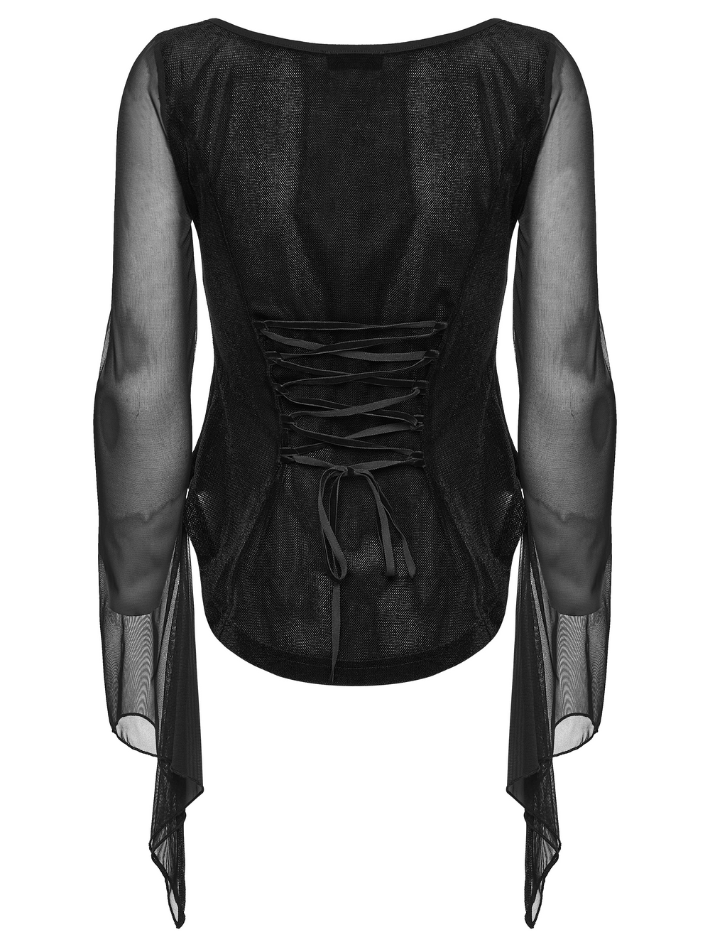Alt Tag: Gothic Velvet Lace-Up Mesh Embroidery Top For Women sheer black mesh corset lace-up back with long draped sleeves