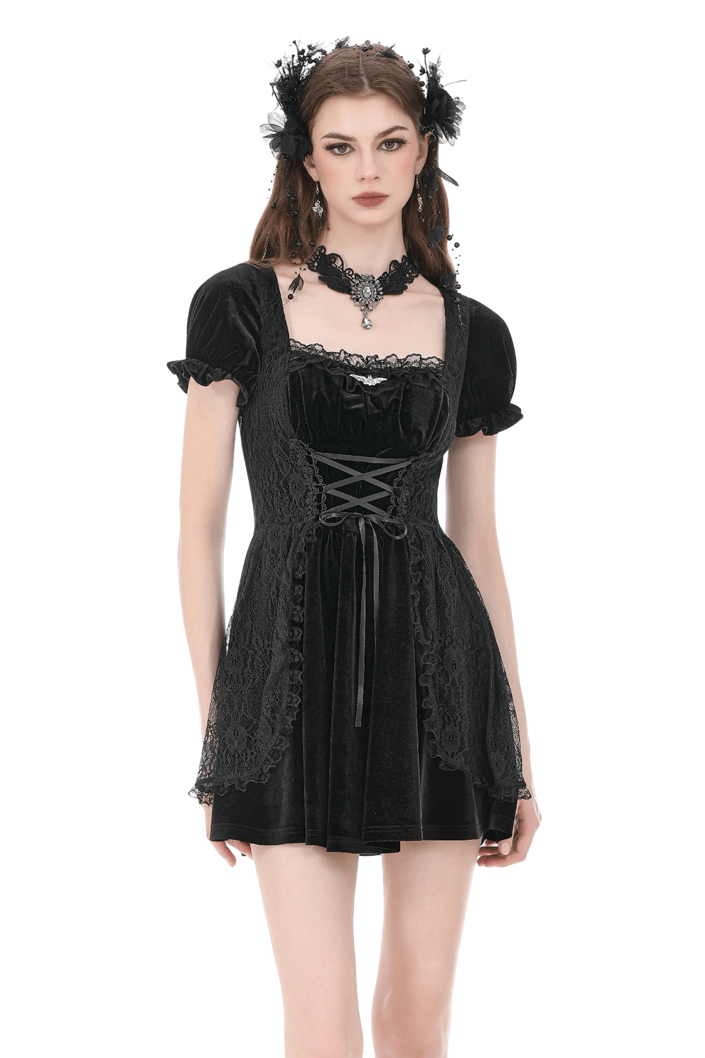 Gothic Velvet Lace Up Puff Sleeve Mini Dress for Women featuring lace panel and puff sleeves, styled with accessories.