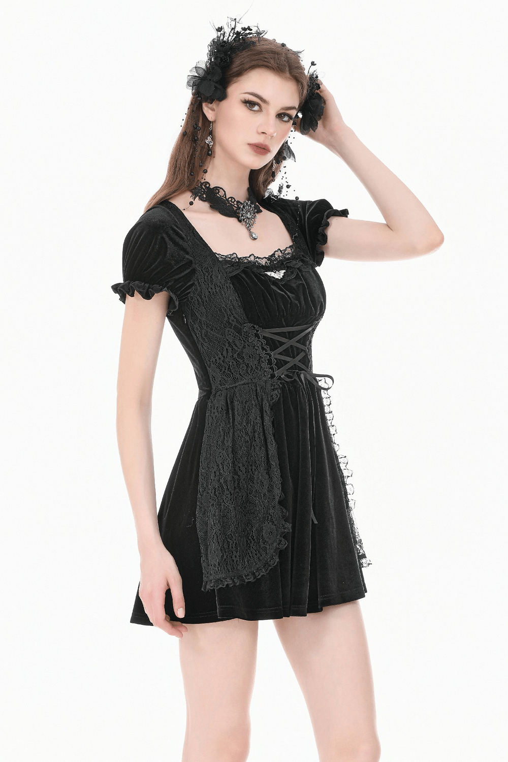 Gothic Velvet Lace Up Puff Sleeve Mini Dress for Women featuring lace details and puff sleeves.