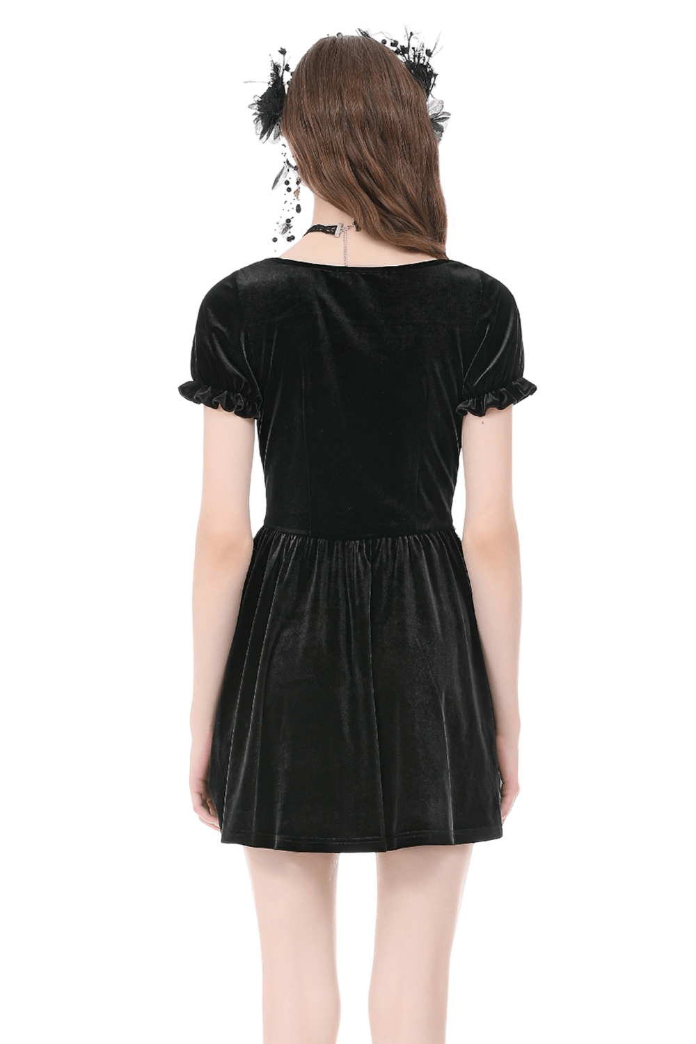 Gothic Velvet Lace Up Puff Sleeve Mini Dress for Women shown from the back, featuring a soft black velvet fabric and puff sleeves.