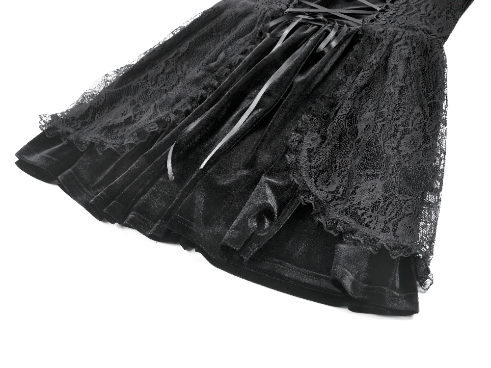 Gothic Velvet Lace Up Puff Sleeve Mini Dress for Women featuring lace panel and flared skirt.