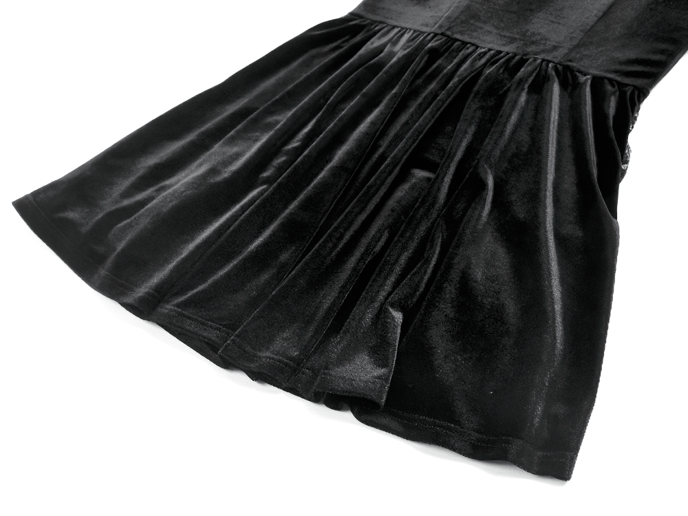 Gothic Velvet Lace Up Puff Sleeve Mini Dress for Women showing black velvet flared skirt with elegant lace details.