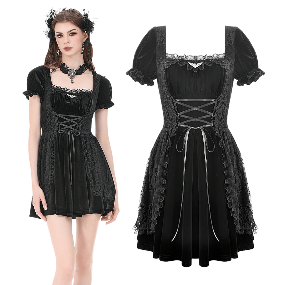 Gothic Velvet Lace Up Puff Sleeve Mini Dress for Women in black with lace trim and puff sleeves, perfect for dark romance.