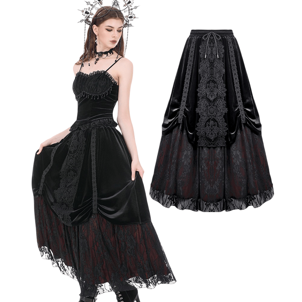 Gothic Velvet Maxi Skirt with Lace Overlay Panels in black, featuring elegant lace detail and flowing design.