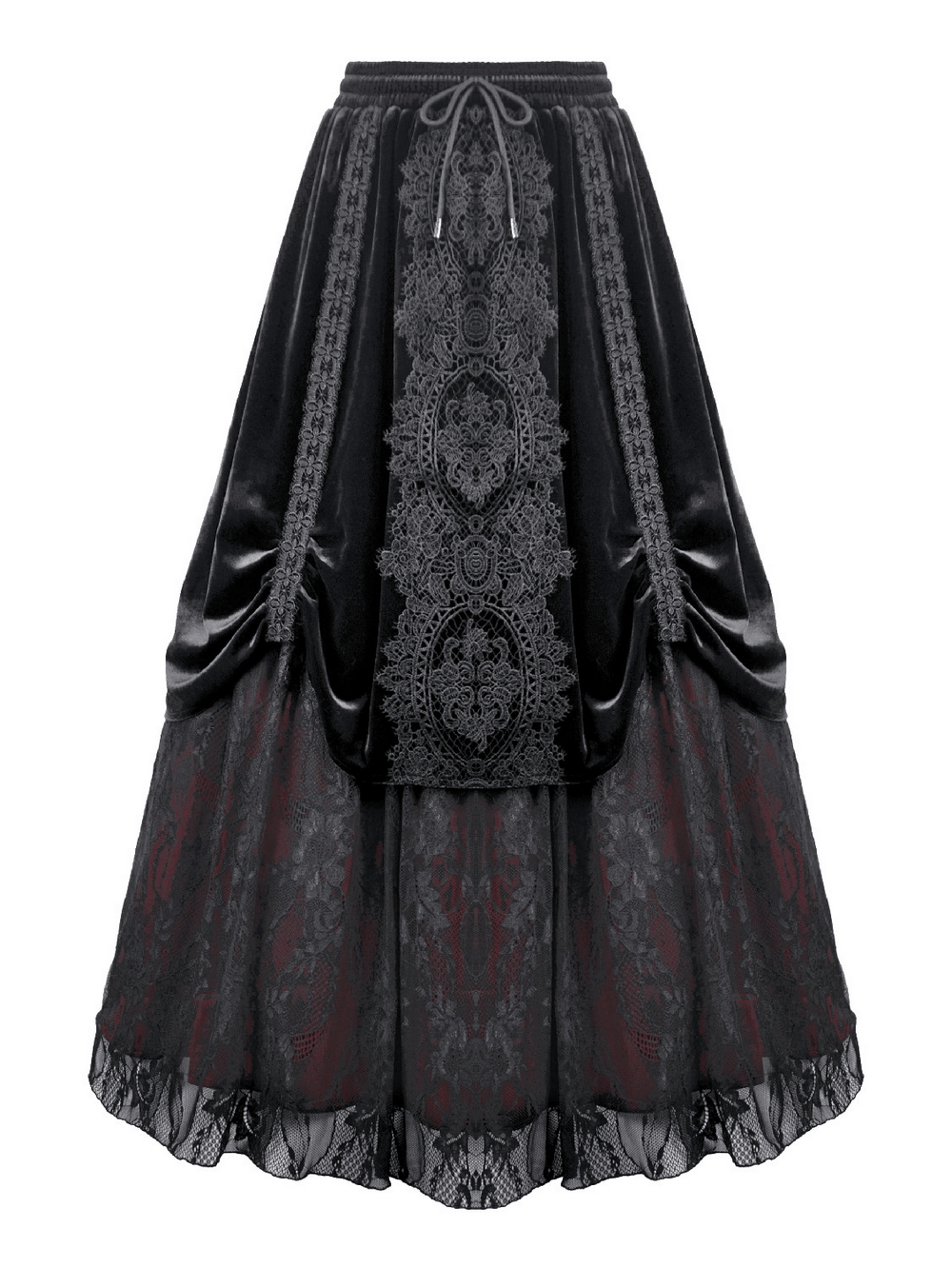 Gothic Velvet Maxi Skirt with Lace Overlay Panels showcasing intricate lace design and rich velvet fabric.