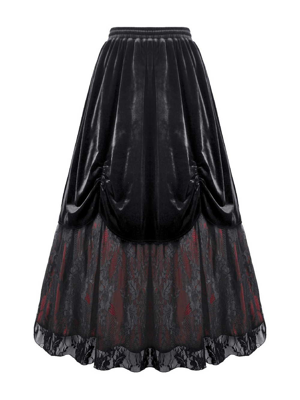 Gothic Velvet Maxi Skirt with Lace Overlay Panels showcasing a luxurious black velvet and lace design.