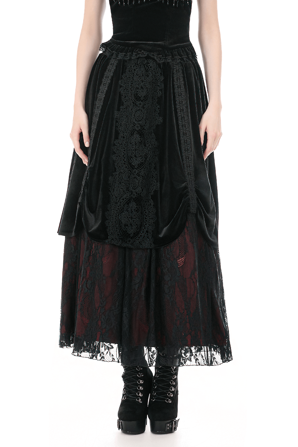 Gothic Velvet Maxi Skirt with Lace Overlay Panels featuring intricate lace detail and a flowing design.