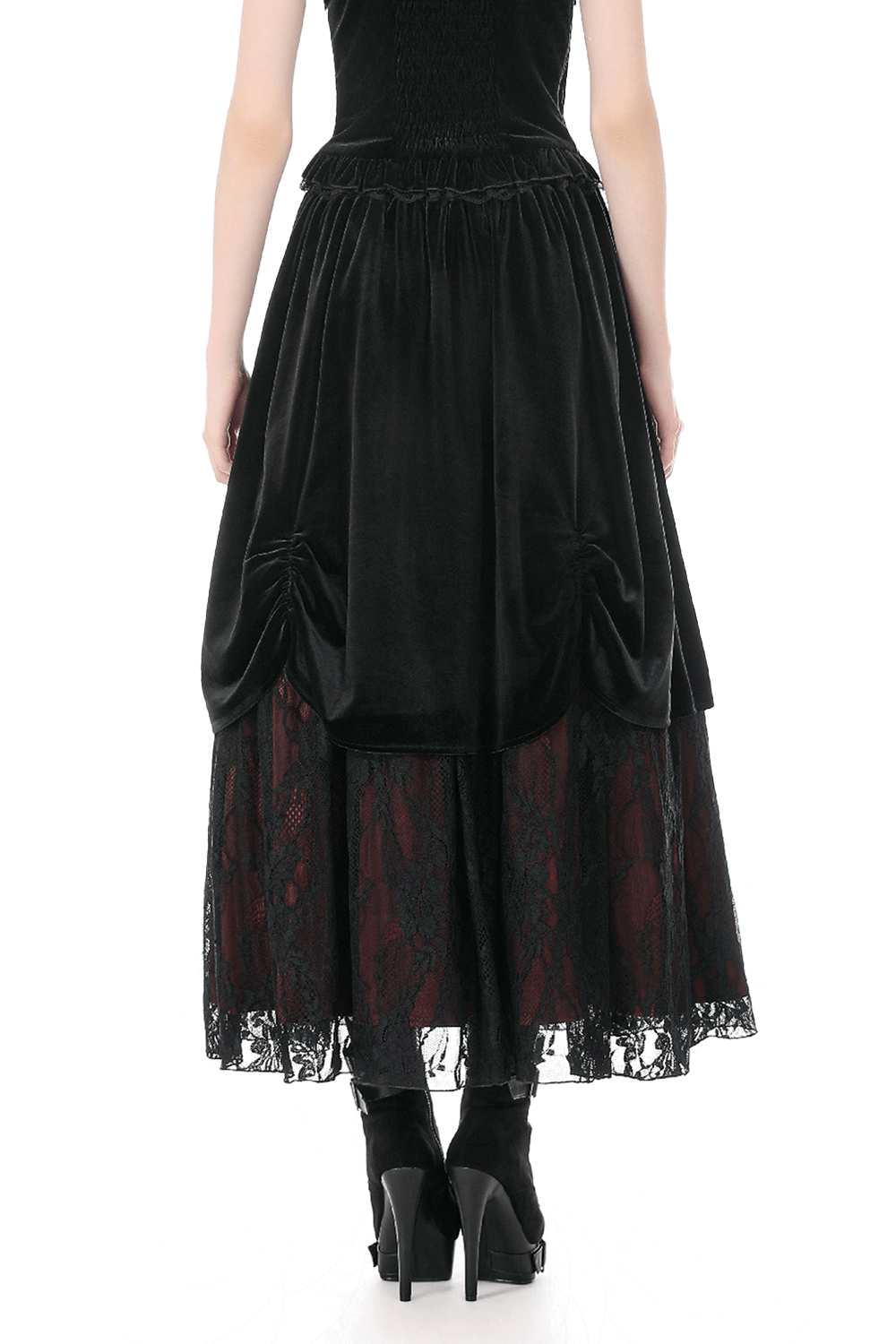 Gothic Velvet Maxi Skirt with Lace Overlay Panels showcasing the back view and intricate lace details.