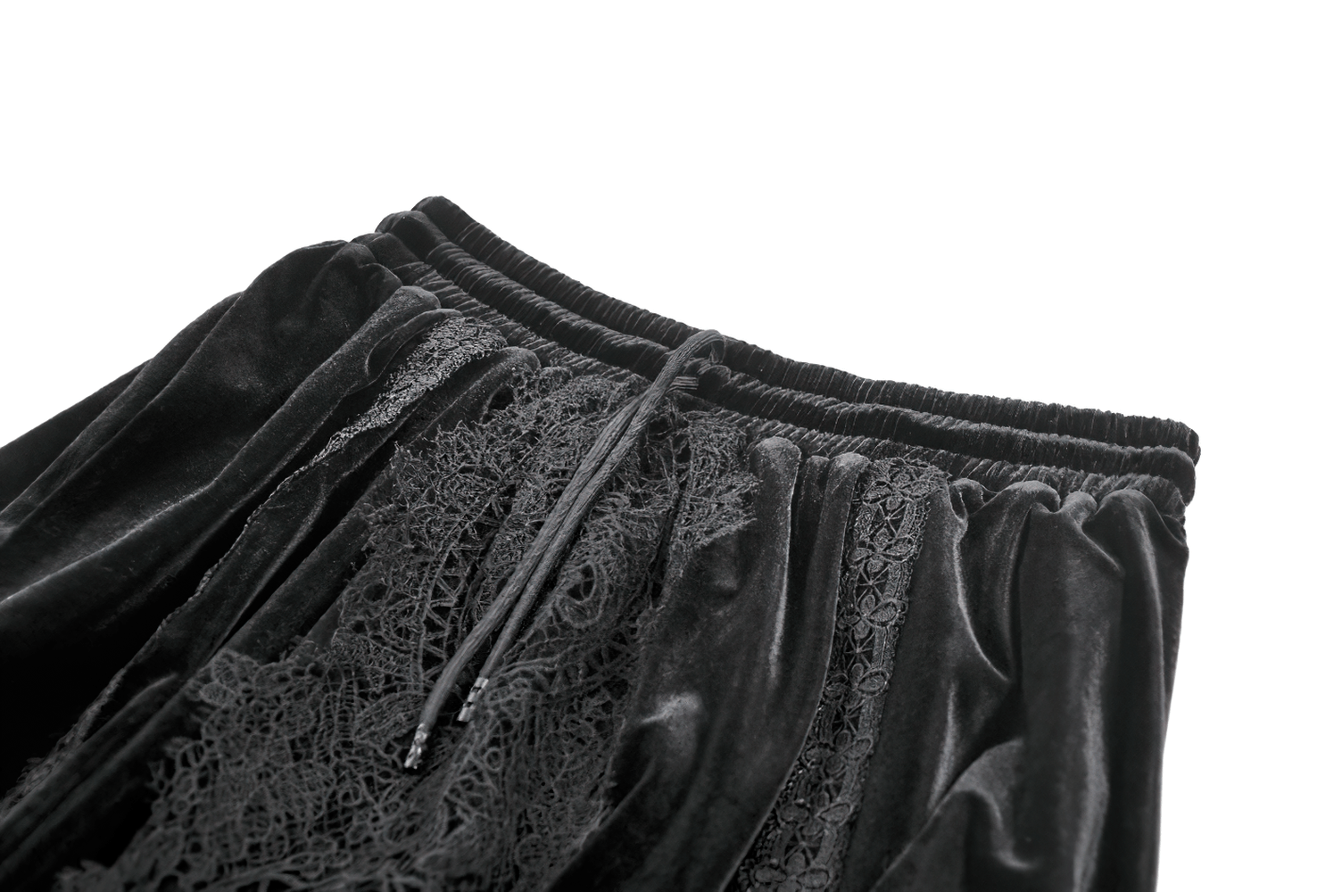 Gothic Velvet Maxi Skirt with Lace Overlay Panels showcasing intricate lace detailing and plush velvet fabric.