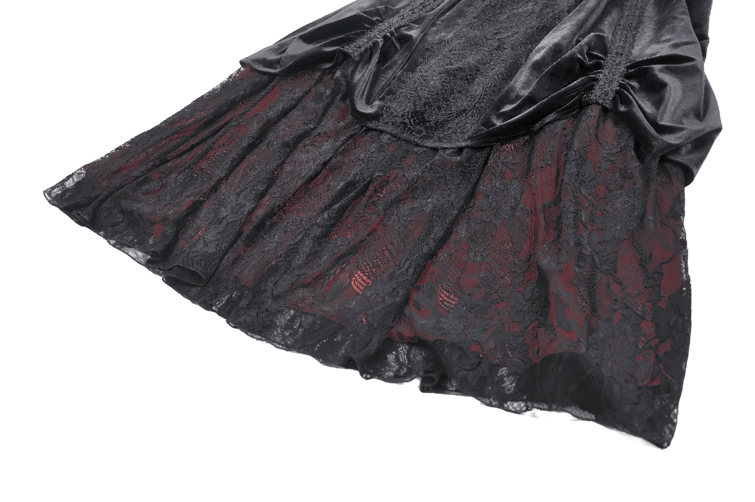 Gothic Velvet Maxi Skirt with Lace Overlay Panels showcasing elegant details and a flowing design.