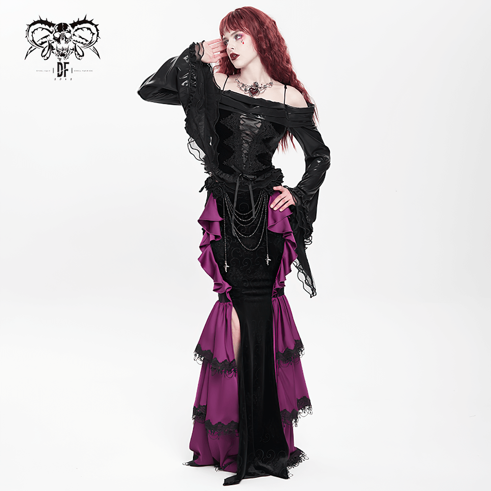 Gothic velvet maxi skirt with purple ruffles and chains, embodying Victorian elegance and dark allure.