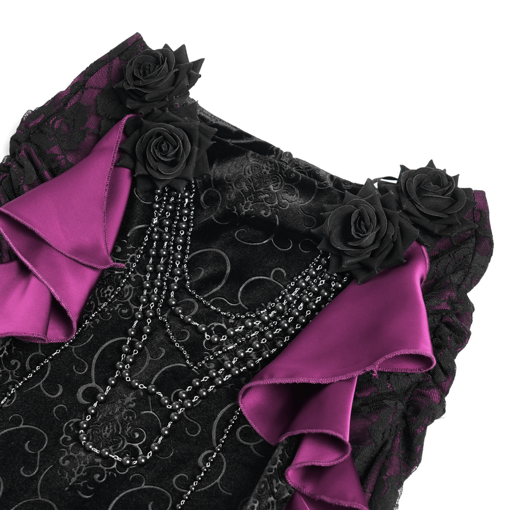 Gothic velvet maxi skirt featuring black lace, purple satin ruffles, and elegant lace roses and chains.