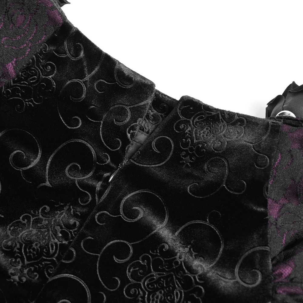 Close-up of gothic velvet fabric showing intricate black patterns and purple accents for Victorian maxi skirt.