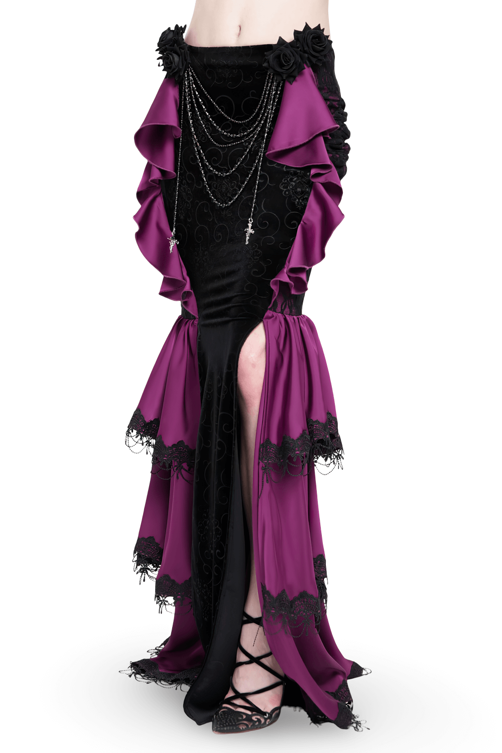 Gothic velvet maxi skirt with purple ruffles, black lace, and chains for a dramatic Victorian look.
