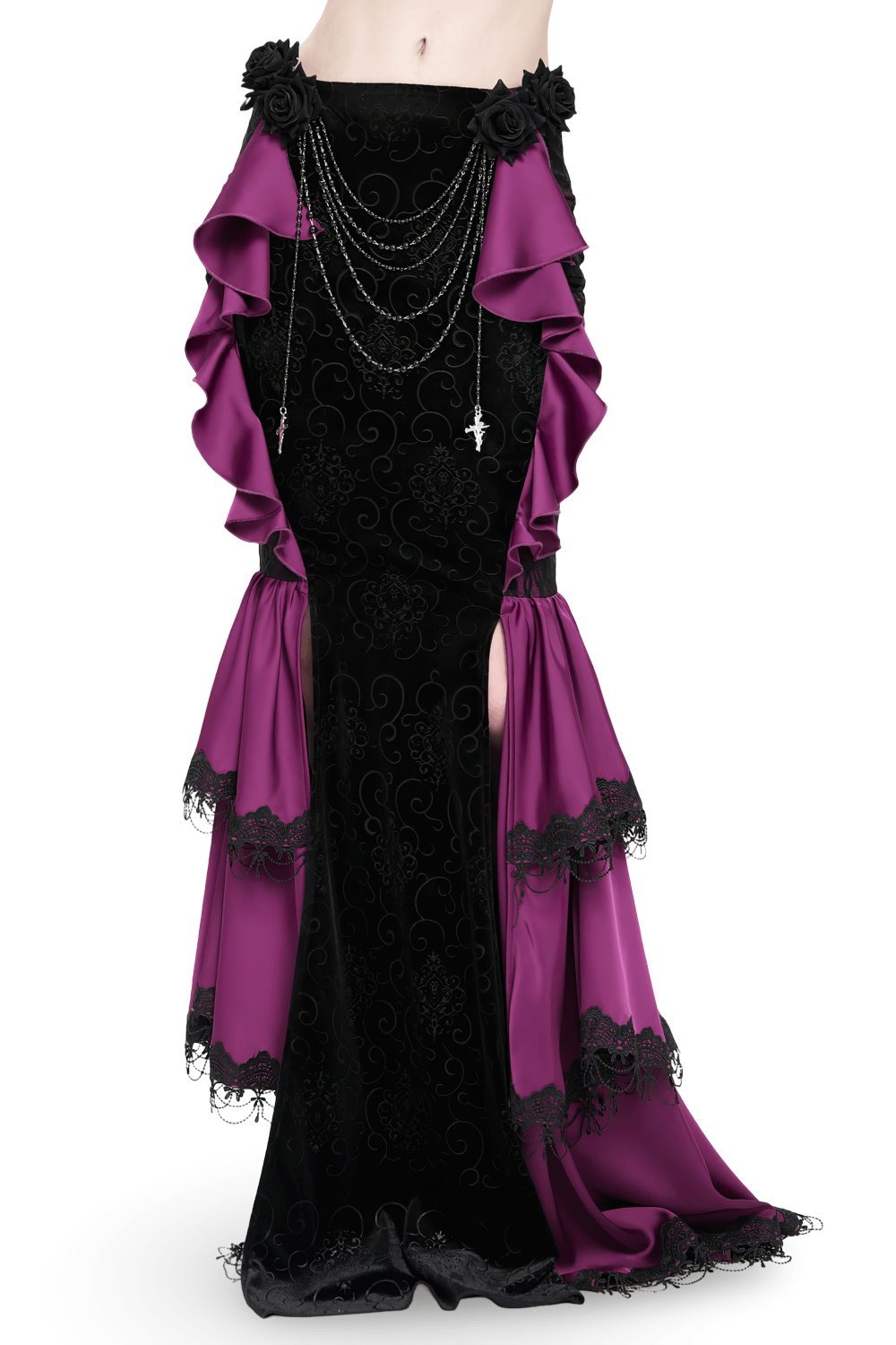 Gothic velvet maxi skirt with purple ruffles, lace roses, and layered chains for a dramatic Victorian style.