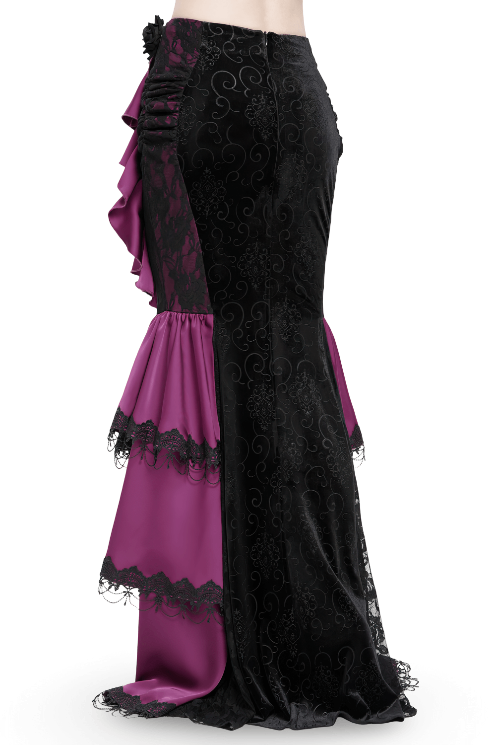 Gothic velvet maxi skirt featuring black lace, purple ruffles, and chains for a dramatic Victorian flair.