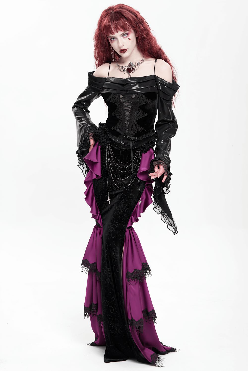 Gothic velvet maxi skirt with purple ruffles, chains, and black lace, showcasing Victorian elegance and dark allure.