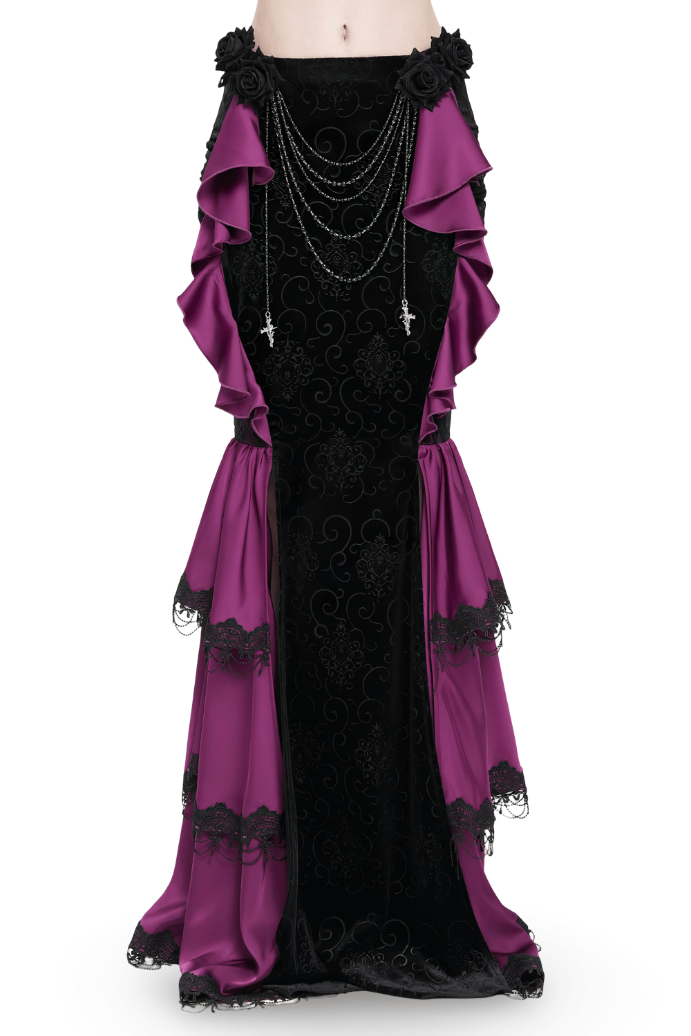 Gothic velvet maxi skirt featuring dramatic purple ruffles, lace roses, and layered chains for a Victorian-inspired look.