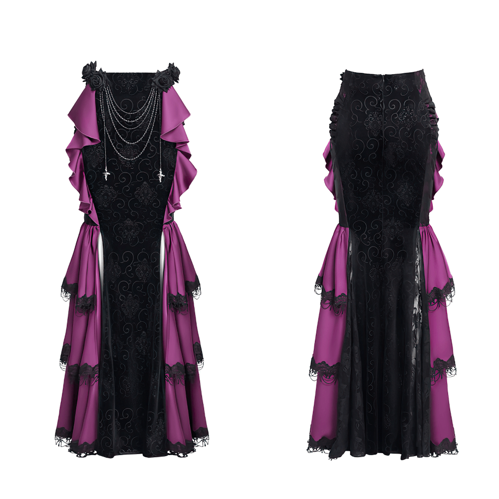 Gothic velvet maxi skirt featuring purple satin ruffles, black lace, and chains for a dramatic Victorian style.