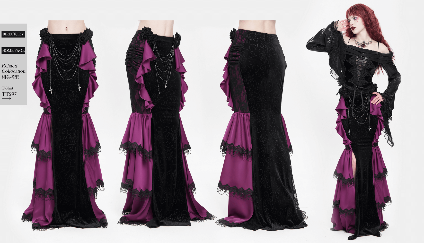 Gothic velvet maxi skirt featuring purple ruffles, lace accents, and chains for a dramatic Victorian style.